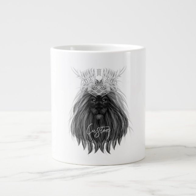 Grande Tasse Lion noir avec couronne Antlers et monogramme (Devant)
