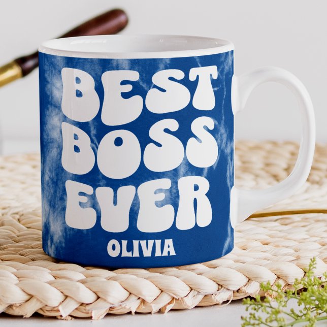 Grande Tasse Meilleur Boss Jamais Retro Blue Tie Dye Nom person (Créateur téléchargé)