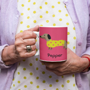 Grande Tasse Mignonne Jaune et Rose Dachshund Nom du chien Drôl