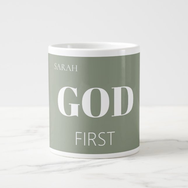 Grande Tasse Modern Sage Green God First Faith Saying Slogan  (Devant)