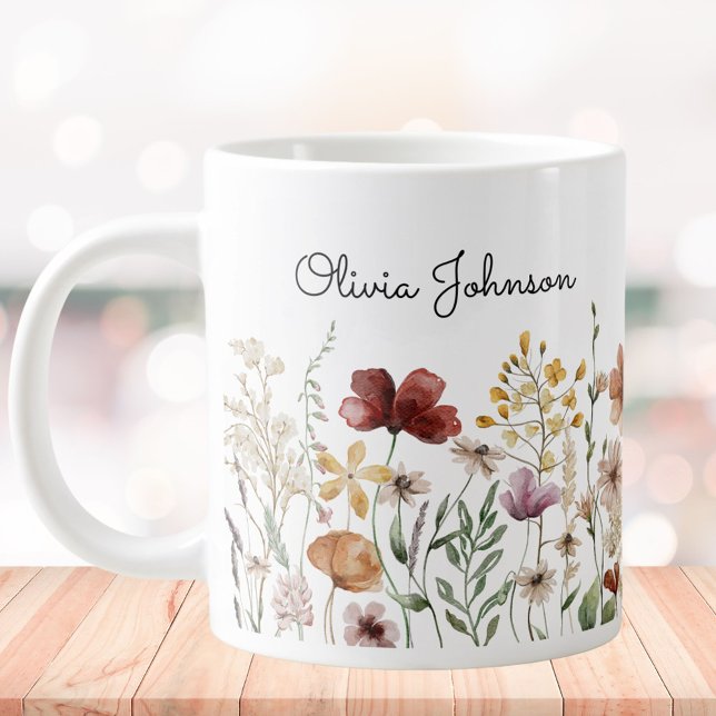 Grande Tasse Monogramme Aquarelle Fleur sauvage Joli Floral (In situ)