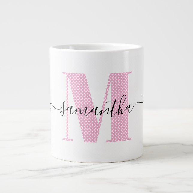 Grande Tasse Monogramme de pois rose et blanc clair (Devant)