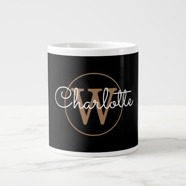 Grande Tasse Monogramme d'or de script de fille Noir moderne (Devant)
