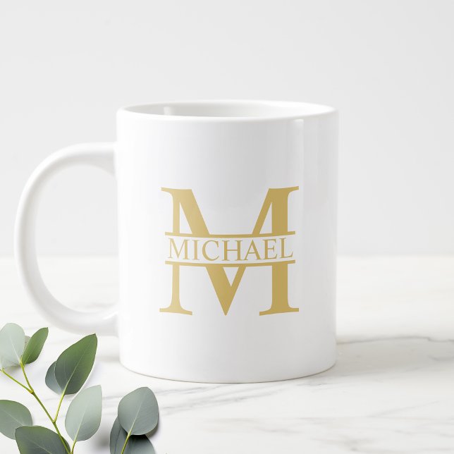 Grande Tasse Monogramme et nom personnalisés blanc et or (Créateur téléchargé)