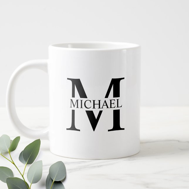Grande Tasse Monogramme et nom personnalisés noir et blanc (Créateur téléchargé)