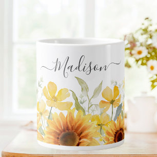 Grande Tasse Monogramme Fleur Jaune Tournesol Floral Botanique