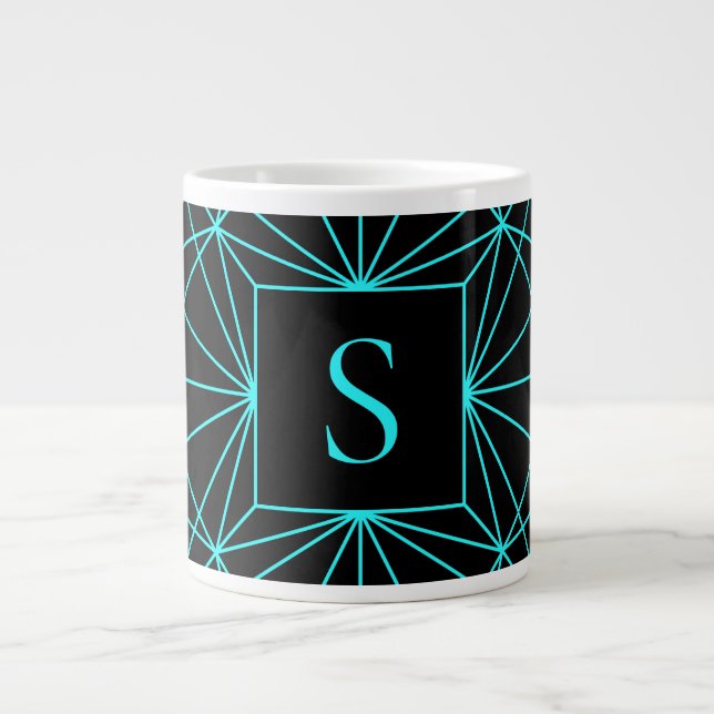 Grande Tasse Monogramme initial | Design géométrique turquoise (Devant)