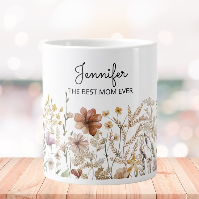 Grande Tasse Monogramme Meilleure maman Aquarelle Fleur sauvage (In situ)