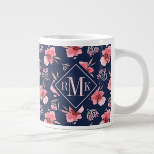 Grande Tasse Monogramme  Motif d'aquarelle rose foncé