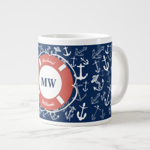 Grande Tasse Monogramme nautique Ancre bleu marine Motif