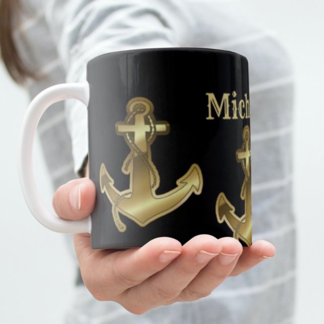 Grande Tasse Monogramme Nom Black & Faux Gold Ancre nautique (Créateur téléchargé)