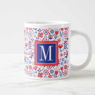 Grande Tasse Monogramme  Plan floral bleu et corail