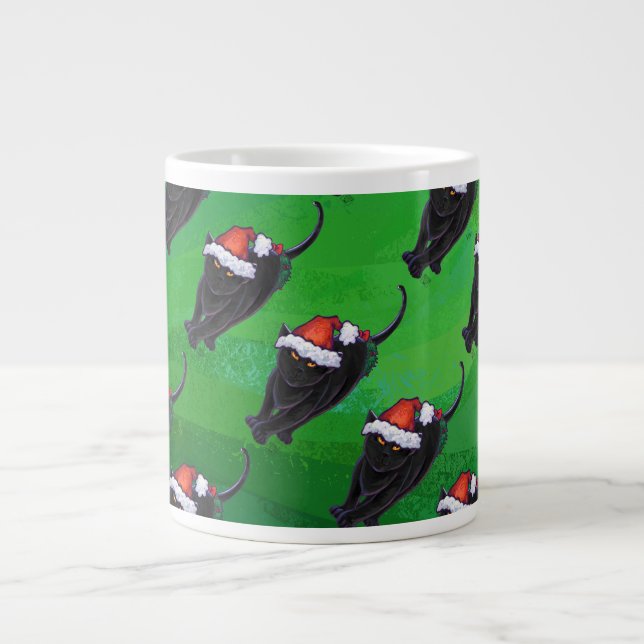 Grande Tasse Motif Festif de chat noir sur vert (Devant)