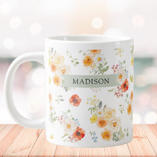 Grande Tasse Motif floral ensoleillé aquarelle avec nom personn