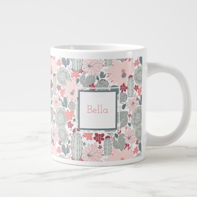 Grande Tasse Motif Succulent Cactus Pink Mint avec nom (Droite)