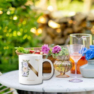 Grande Tasse N Lettre or Monogramme clair crème pourpre Floral