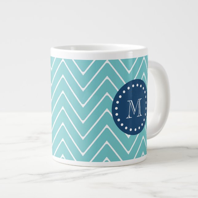 Grande Tasse Navy Blue, Turquoise Motif de Chevron| Votre monog (Devant droit)