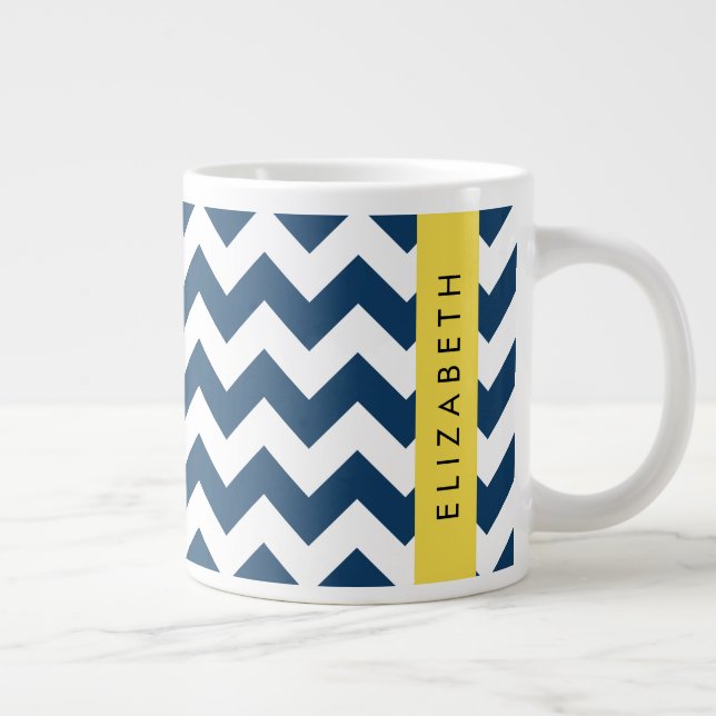 Grande Tasse Navy Blue Zigzag, Navy Blue Chevron, Votre nom (Droite)