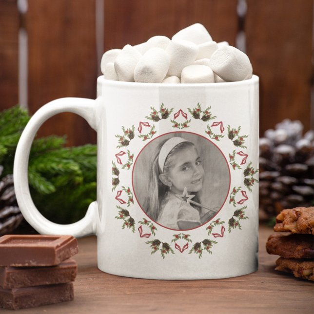 Grande Tasse Noël Vacances Photo Simple Cercle de verdure (Elegant Christmas red and green photo mug)