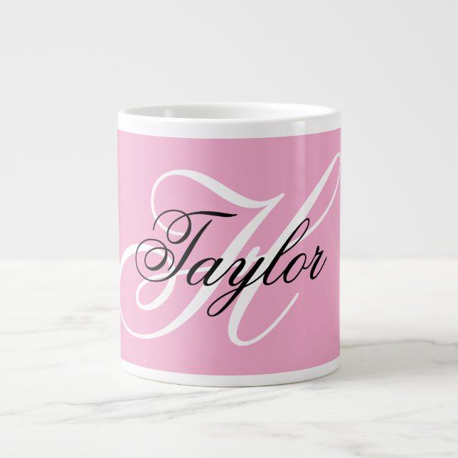 Grande Tasse Noir et blanc Fatigue Monogramme rose (Devant)