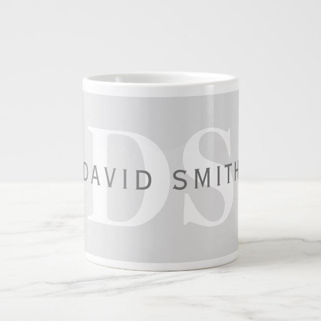 Grande Tasse Nom et monogramme modernes | Blanc gris clair et f (Devant)