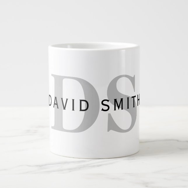 Grande Tasse Nom et monogramme modernes | Blanc noir et gris (Devant)