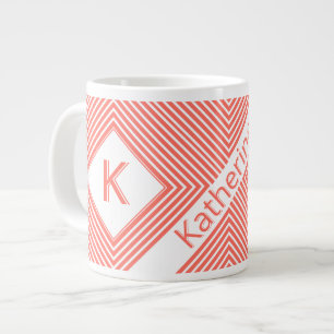 Grande Tasse Nom initial   Corail diagonal funky/rayures blanch