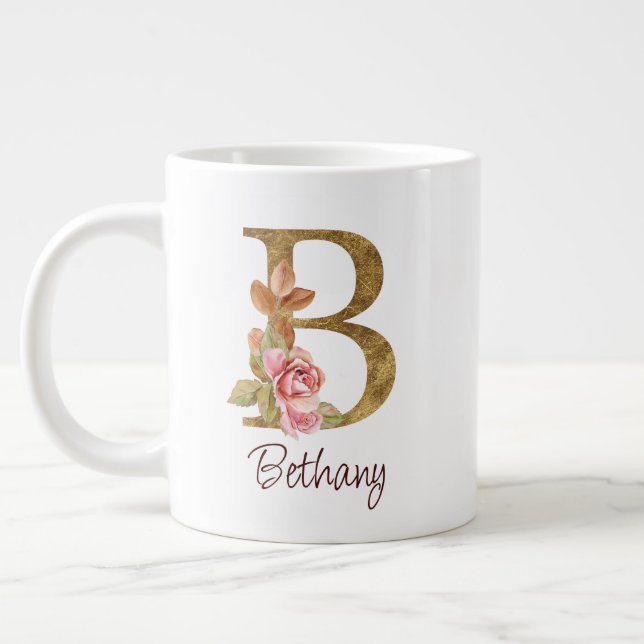 Grande Tasse Nom personnalisé Blush Roses Rose lettre B feuille (Gauche)