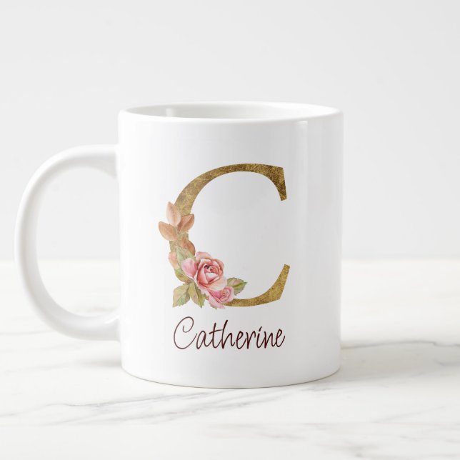 Grande Tasse Nom personnalisé Or Feuille Rose Blush Lettre C (Gauche)
