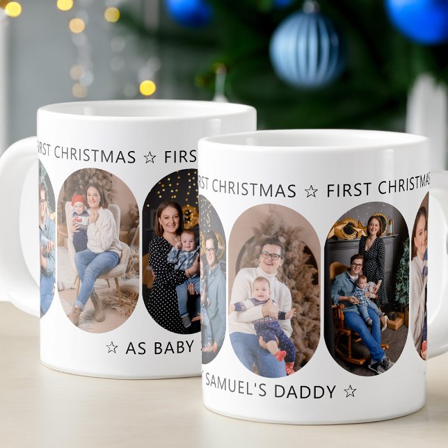 Grande Tasse Nouveau papa premier Noël 6 photo arrondi Lozenge (Believe in Magic first christmas with new baby 5 photo mug  Rounded Lozenge Photo Collage collection)