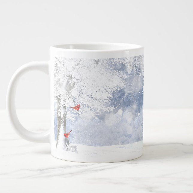 Grande Tasse Oiseaux cardinaux rouges Arbres enneigés de Noël (Gauche)