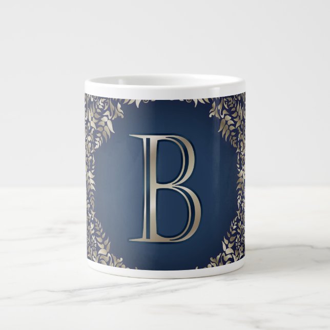 Grande Tasse Orné Bleu Or B Fancy Damask Monogramme (Devant)