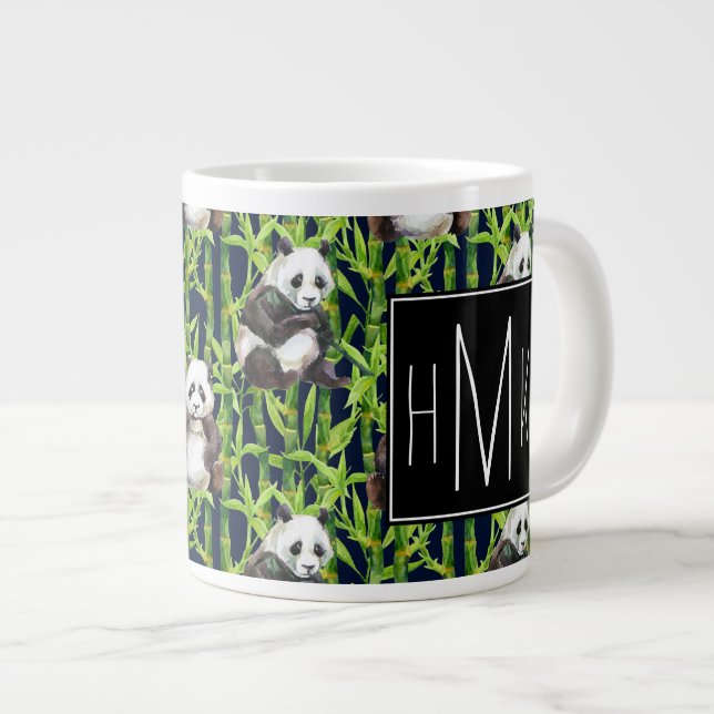 Grande Tasse Panda avec Motif d'aquarelle en bambou| Monogramme (Devant droit)