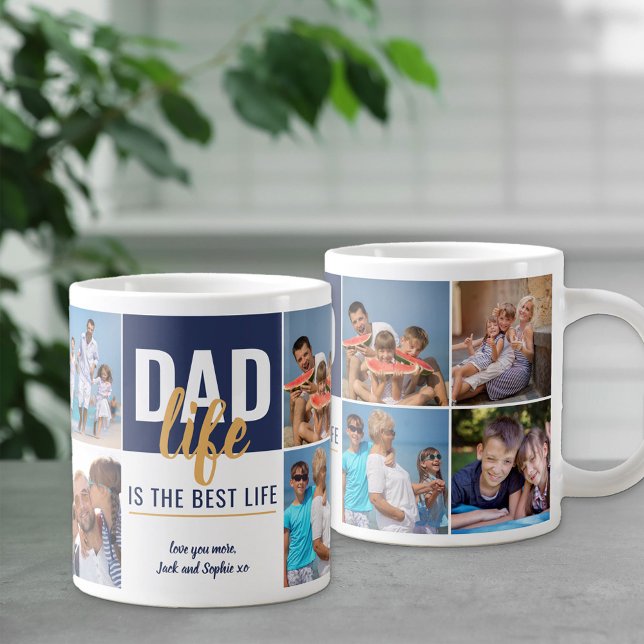 Grande Tasse Papa Life is Best Life 8 Photo Blue Personnalisé (Créateur téléchargé)