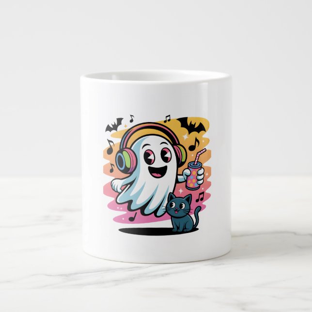 Grande Tasse Party Ghost with Cat Cute Halloween Cartoon  (Devant)