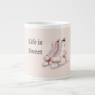 Grande Tasse Patins à glace à coeurs blancs roses La vie est do
