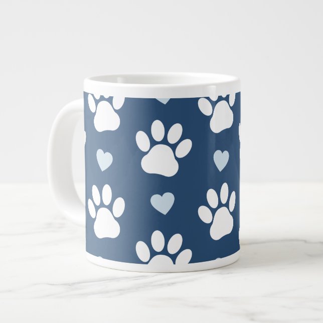 Grande Tasse Pattern of paws, Dog paws, White paws, Blue Hearts (Devant gauche)