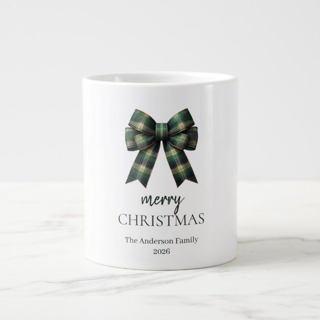 Grande Tasse Personalized Merry Christmas | Green Plaid Bow (Devant)