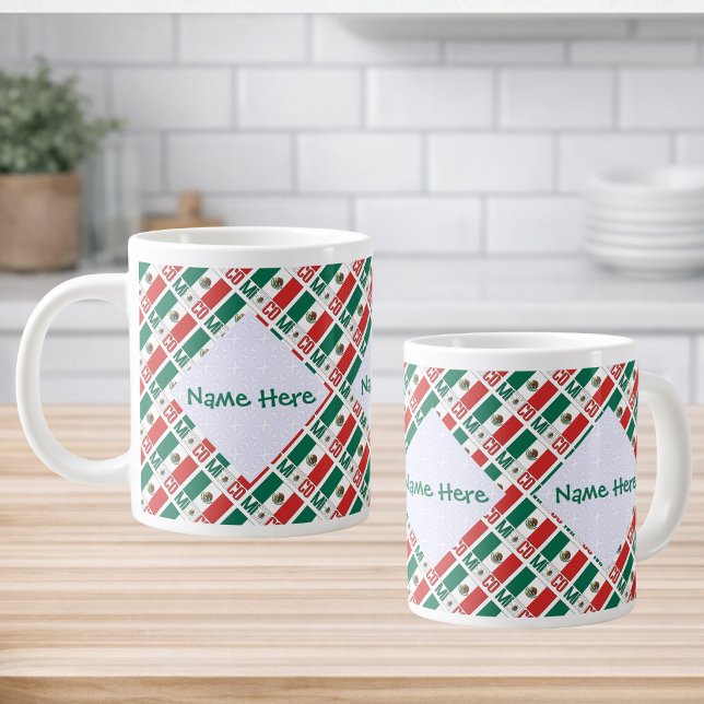 Grande Tasse Personalized Mexico Flag Tiled (Personalized jumbo mug tiled Mexican Flag and MEXICO below. 3 squiggly squares fractals for name.)