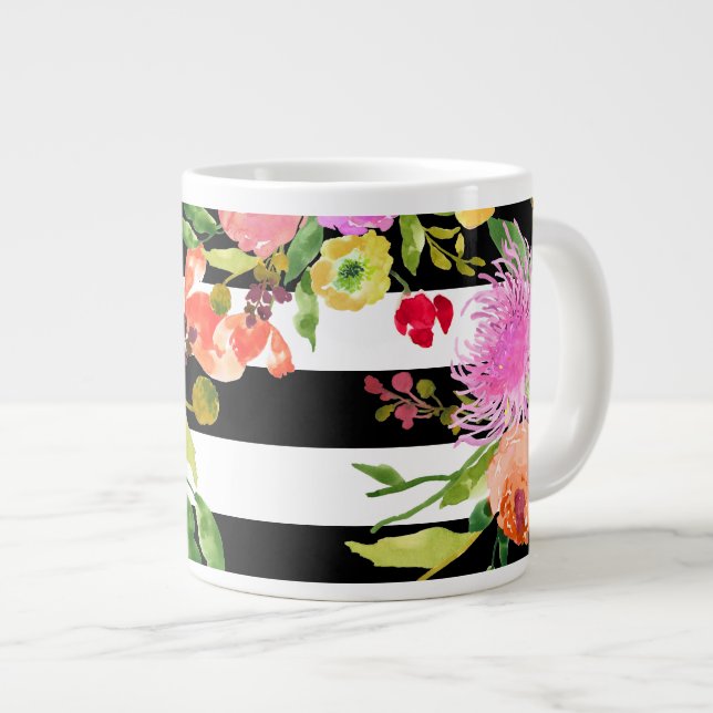 Grande Tasse PixDezines floral/aquarelle/ranunculus/rayures (Devant droit)
