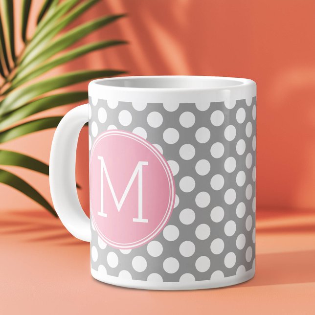 Grande Tasse Pois Pastel rose et gris avec monogramme personnal (Custom Monogram Mug)