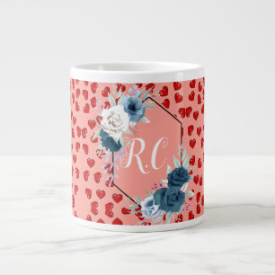 Grande Tasse Poussière Bleue Élégante Fleurs & Cœurs Rouges Mon
