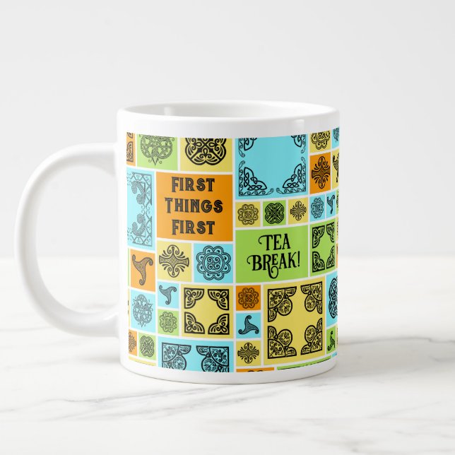 Grande Tasse Premières Choses Première Pause Thé! Magenta et bl (Gauche)
