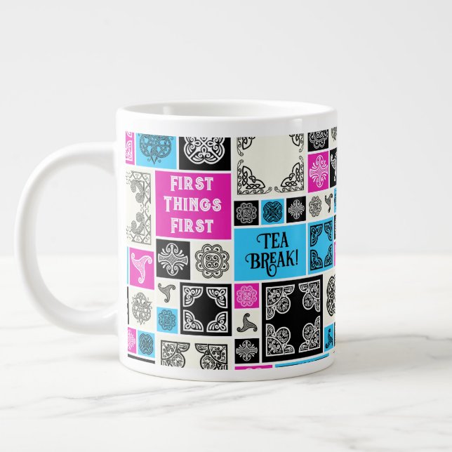 Grande Tasse Premières Choses Première Pause Thé! Magenta et bl (Gauche)