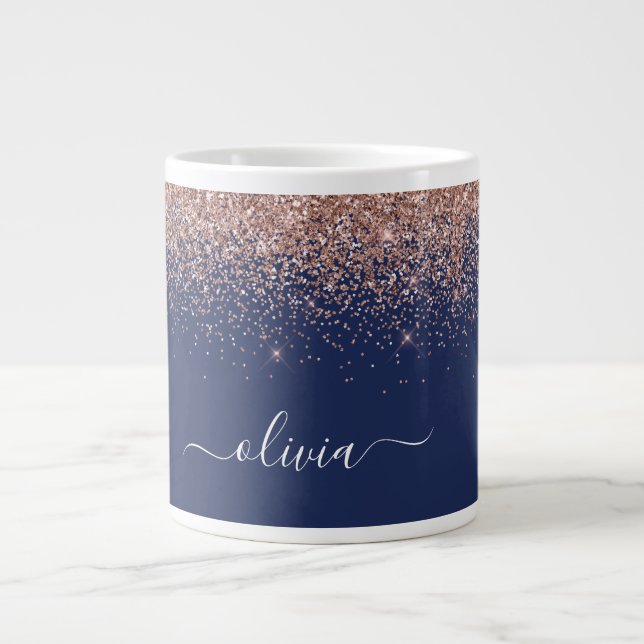 Grande Tasse Rose Gold Pailleté Monogramme Bleu Marine Rose Cla (Devant)