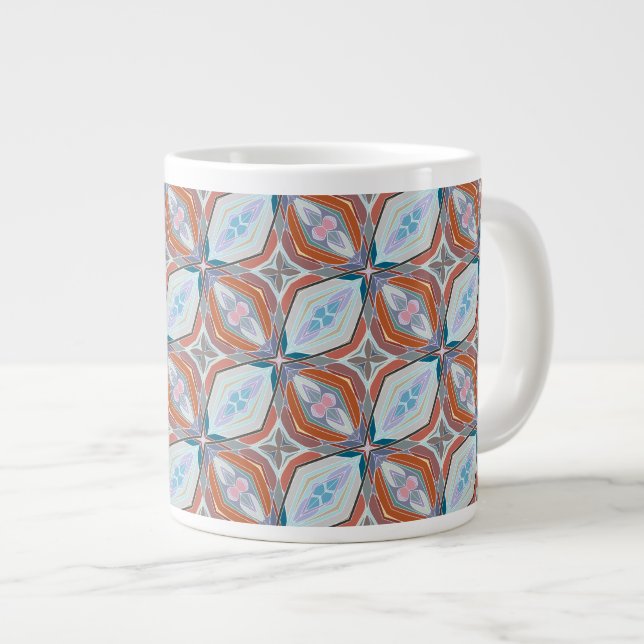 Grande Tasse Rust unique, Turquoise, Bleu clair et rose Motif D (Devant droit)