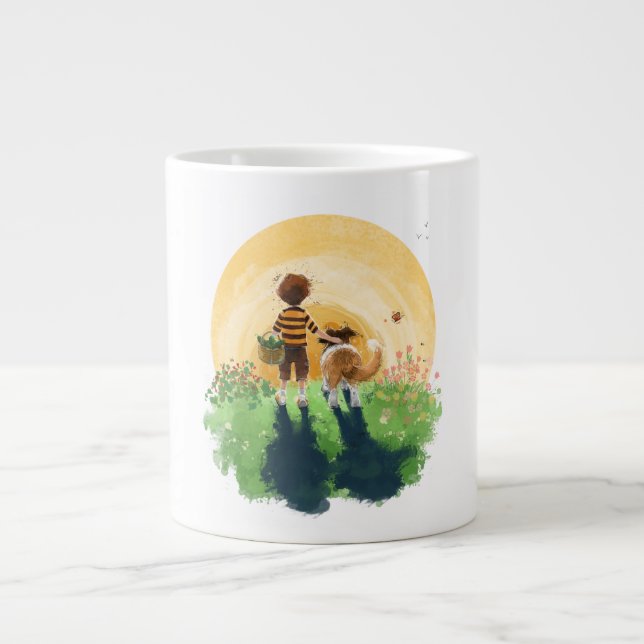 Grande Tasse Sheltie Dog and Boy Walk in Sunset (Devant)