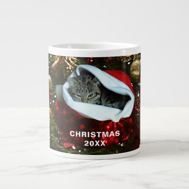 Grande Tasse Shorthair Grey Chat Rouge Santa Chapeau Noël 20XX (Devant)