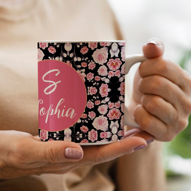 Grande Tasse Stylish rose motif floral Script Monogramme (Créateur téléchargé)