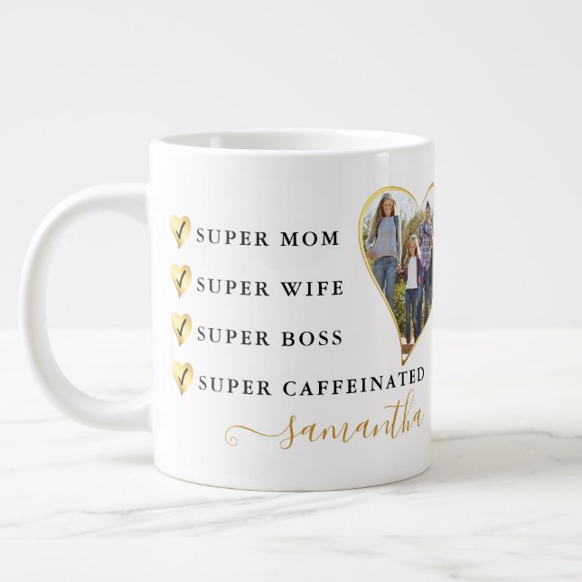 Grande Tasse Super Maman Femme Boss Coeur Photo Fête des Mères (Gauche)